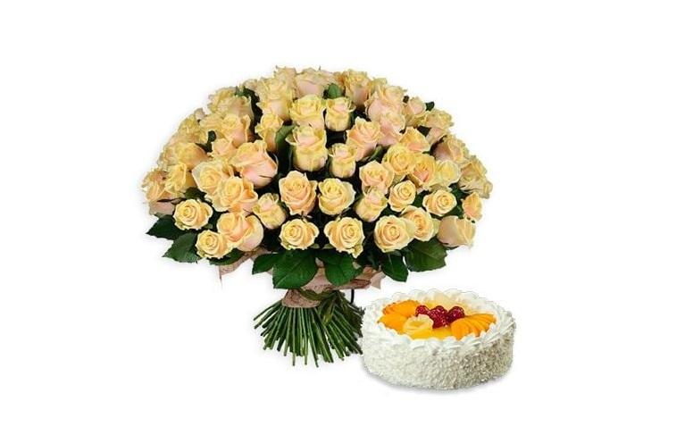 Bouquet «101 Cream Rose + Cake as a Gift»