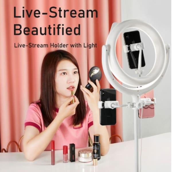 RING LIGHT (26CM) + STAND (160CM) LAMPE 3 modes DE LUMIERES & 3 SUPPORTS TELEPHONE Selfie Diffusion en direct Remax CK-01