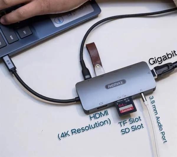 ADAPTATEUR TYPE C 9 EN 1 (3USB+PD+HDMI+CARTE SD+CARTE TF+AUX+GIGABIT ETHERNET), ADAPTATEUR MAC REMAX RU-U91
