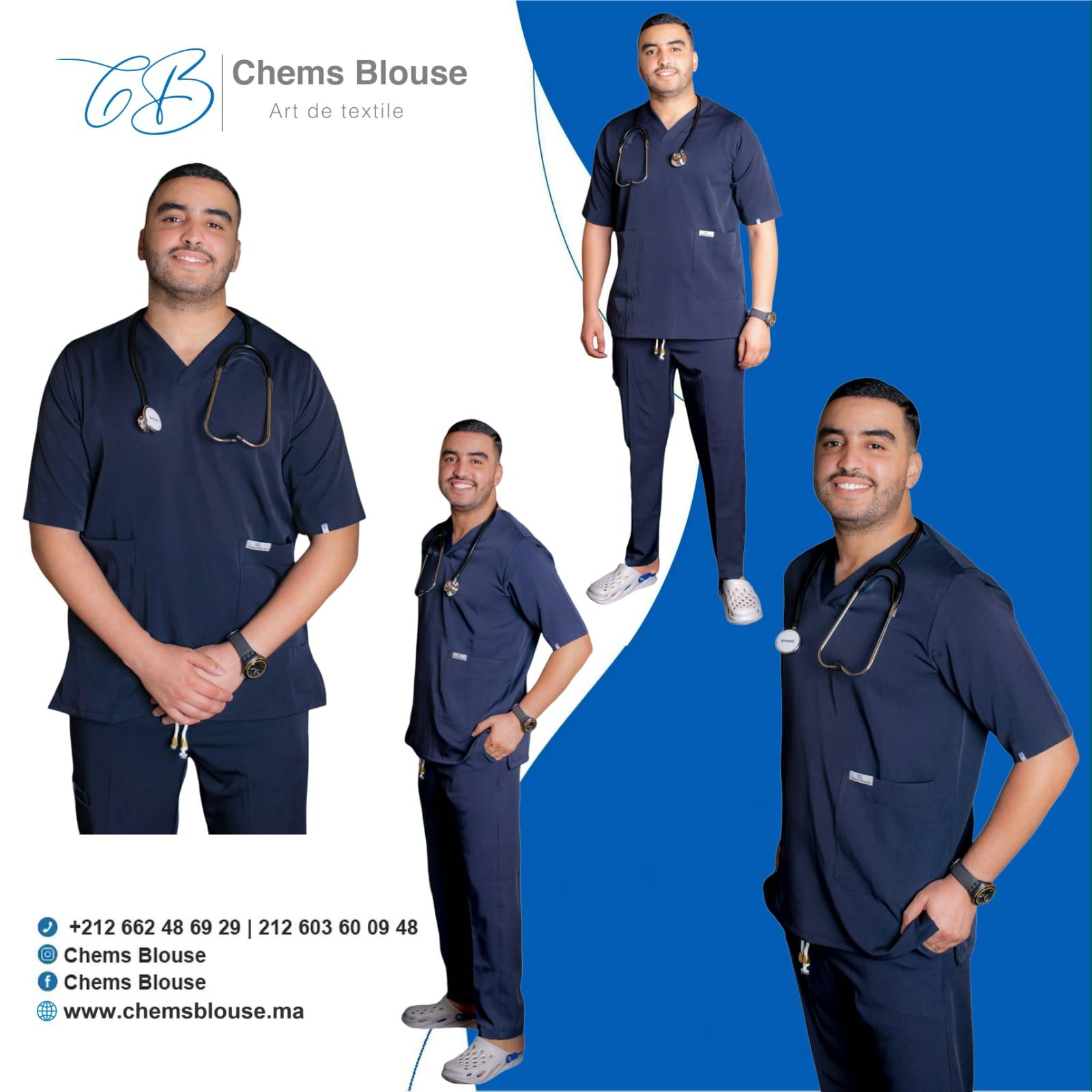 Tunique médicale élastique et anti javel  Homme bleu marine