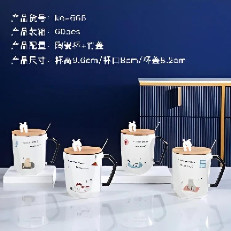 kc-666 Cute cartoon ceramic mug with animal wooden lid