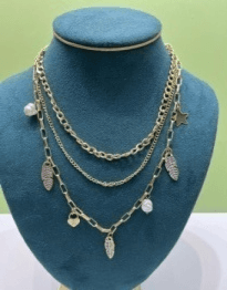 3-layer leaf gold necklace with 2 beads