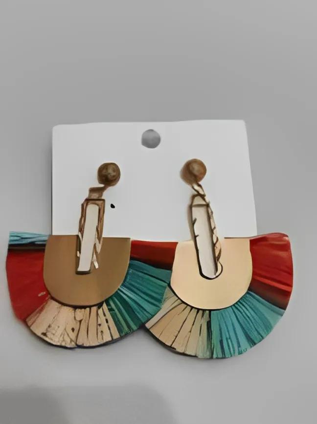 Scalloped red, blue and yellow Raffia Paper Rope Alloy Earrings