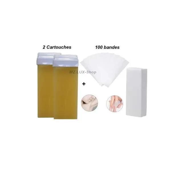 Pack 2 Cartouches Cire miel et paquet de 100 papier dépilatoire