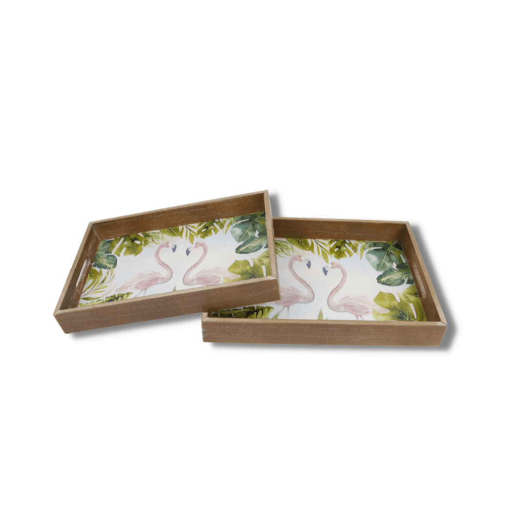 Set 2 Plateaux  En Bois  Flamant Rose 40x30x.5/37x27x4 Cm Ref Ma262-19