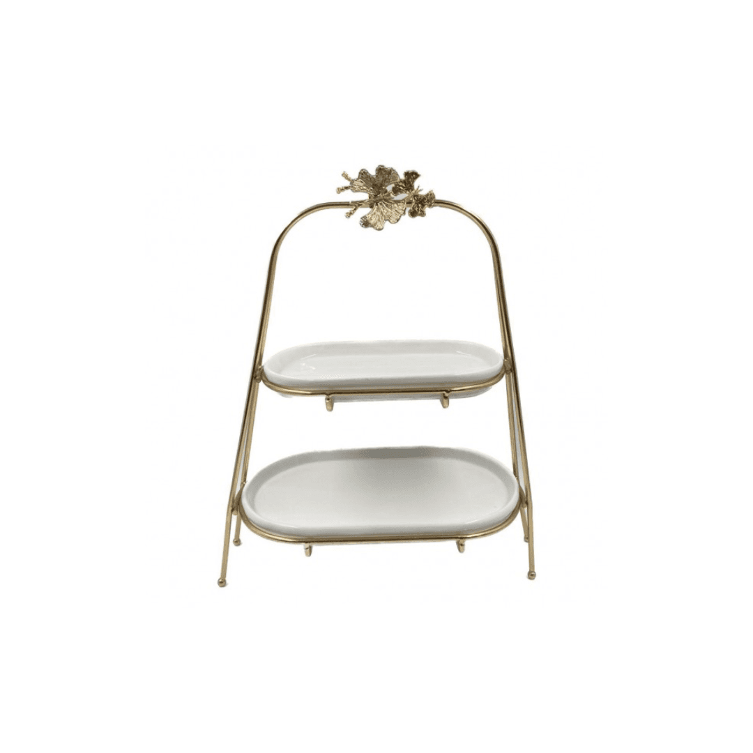 Port Gateaux 2niv Oval Porcelain Blanc Suppo Dore12x22/15x26 Tp0032g