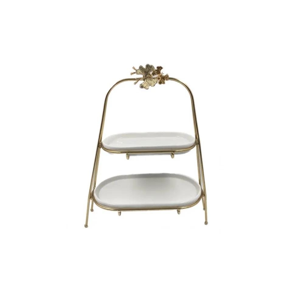 Port Gateaux 2niv Oval Porcelain Blanc Suppo Dore12x22/15x26 Tp0032g