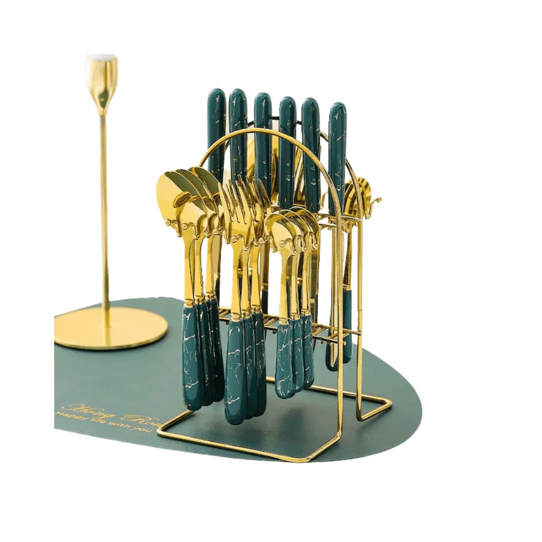 Set Couvert Vert Avec Support Metal Dore