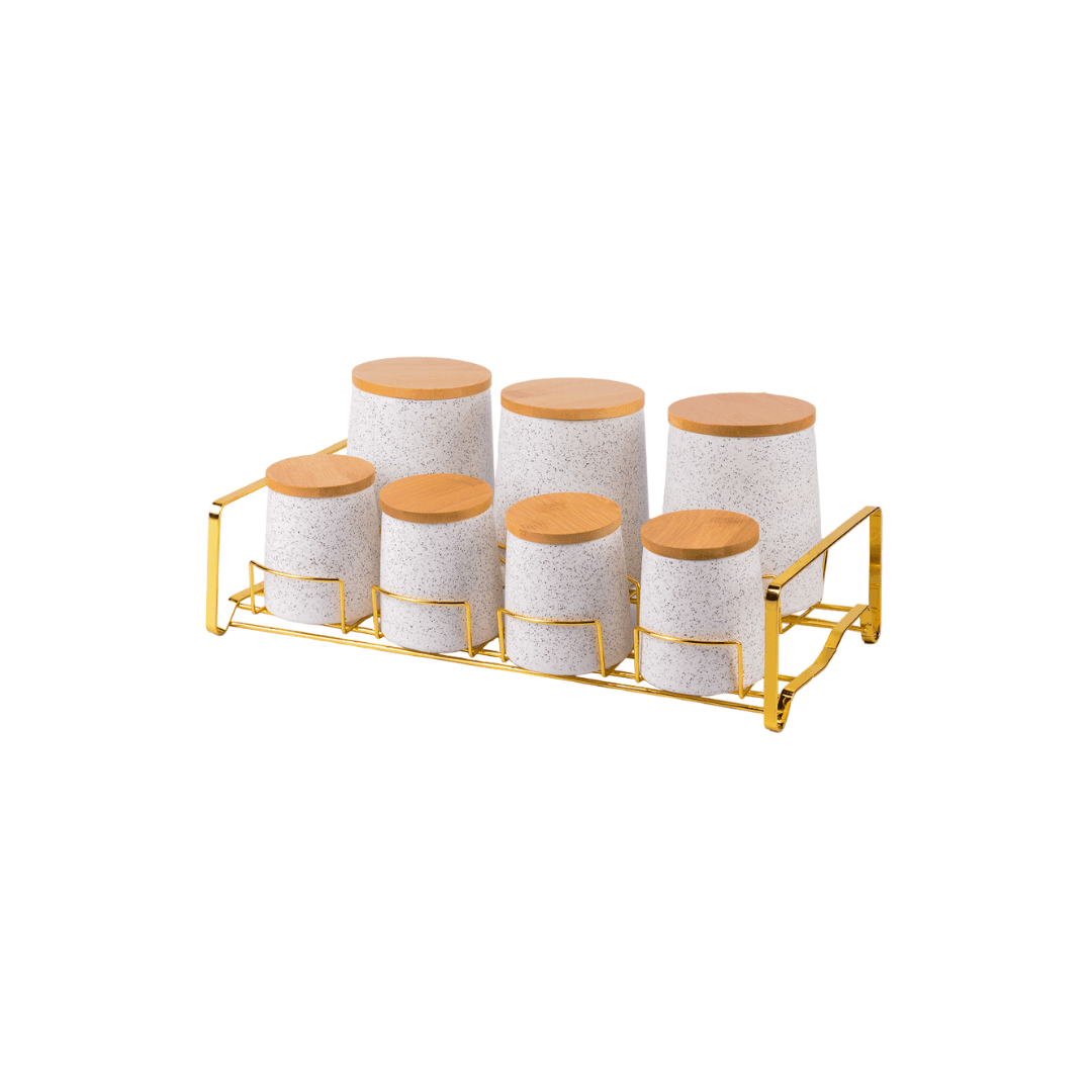 Set De 7 Boites A Epicesen Ceramique ,Couvercle En Bois Avec Support