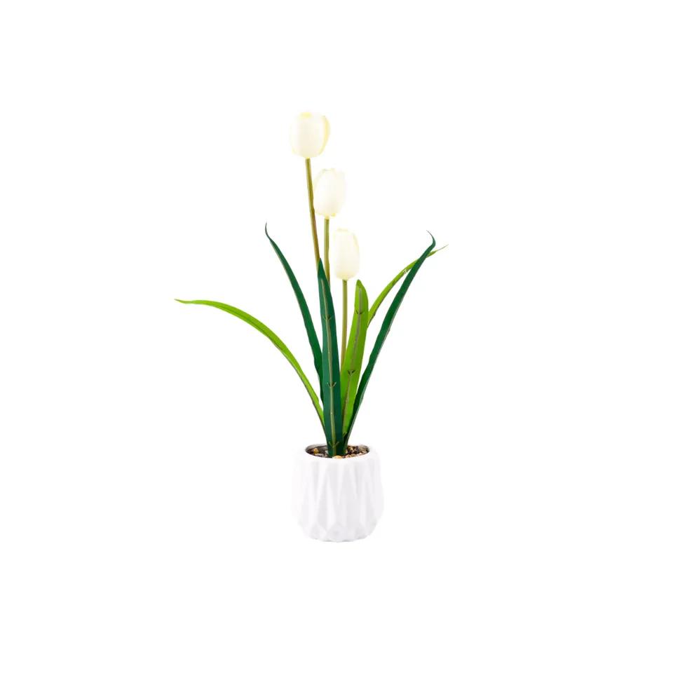 Pot De Fleur Blan Avec   3 Tulipe Branches  H:30*8cm