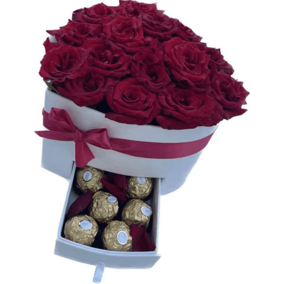 Boite Cœur blanc  avec les fleurs et chocolat