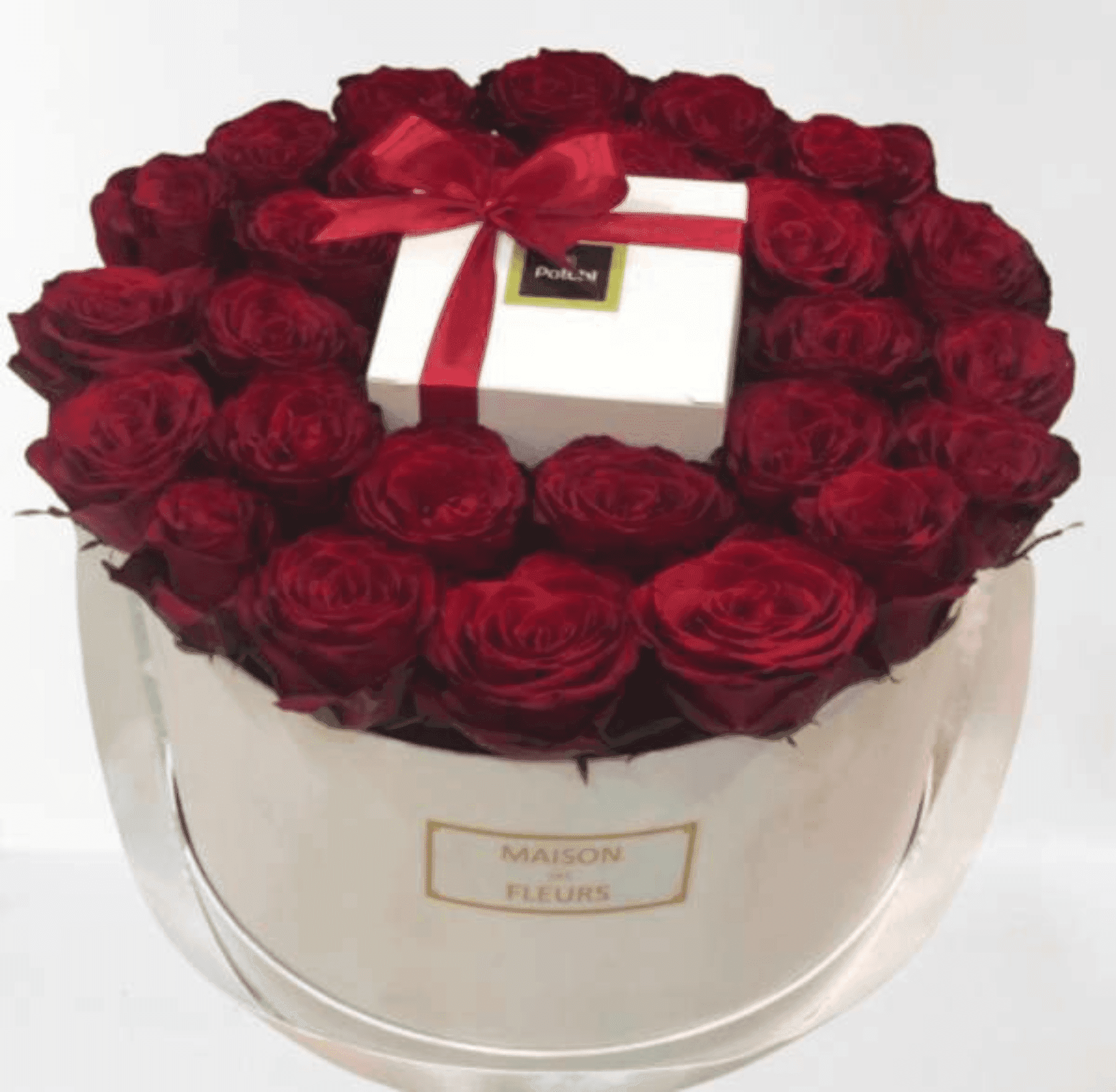 Box fleur rond avec chocolat patchi