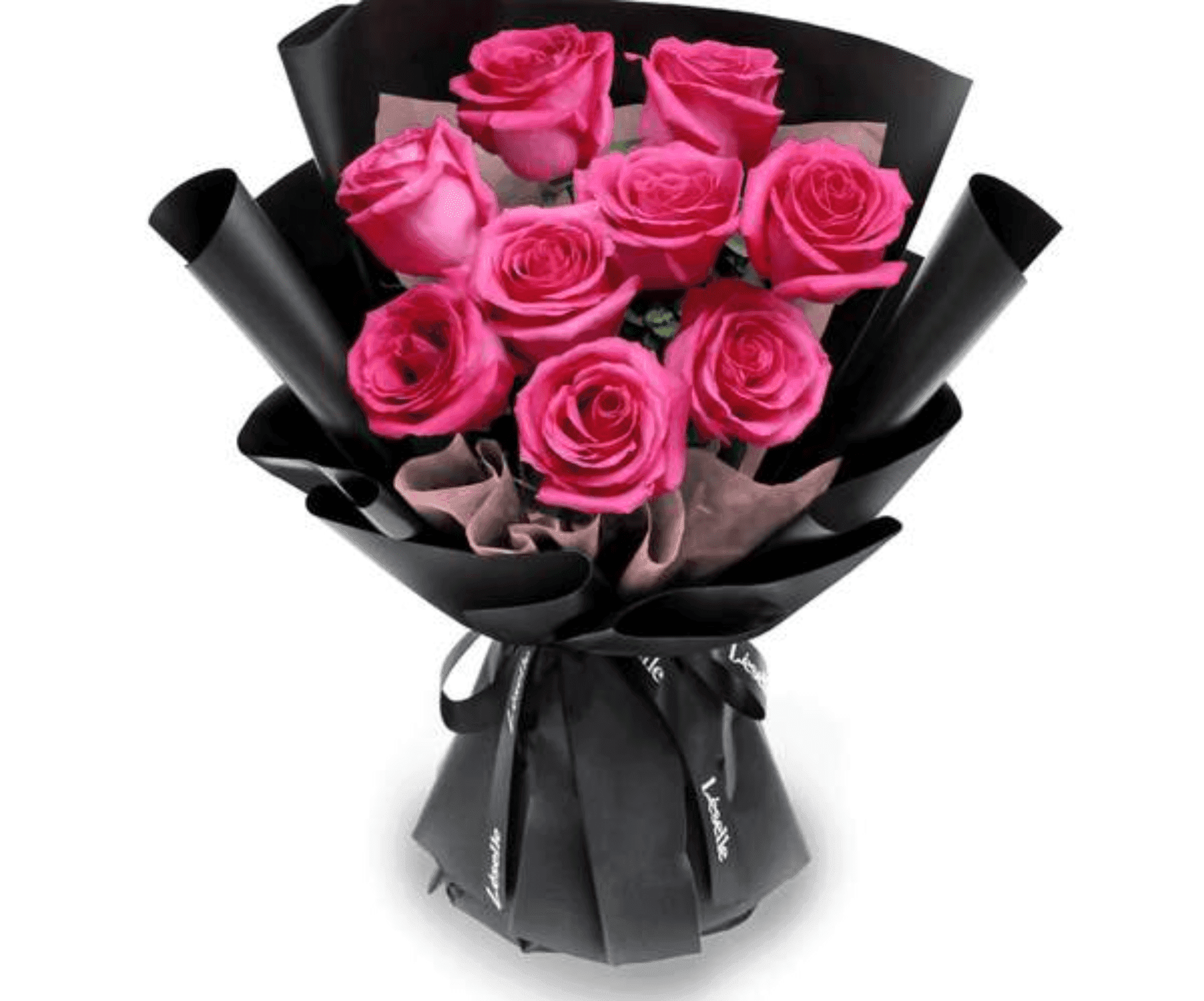 Bouquet de fleurs rose fushia avec emballage noir