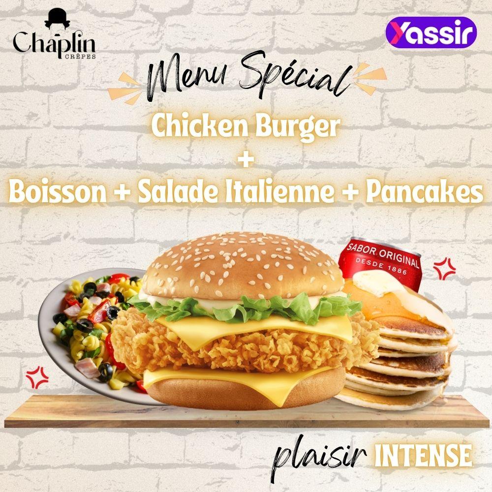 Chicken Burger  + Salade Italienne + Pancakes + Boisson