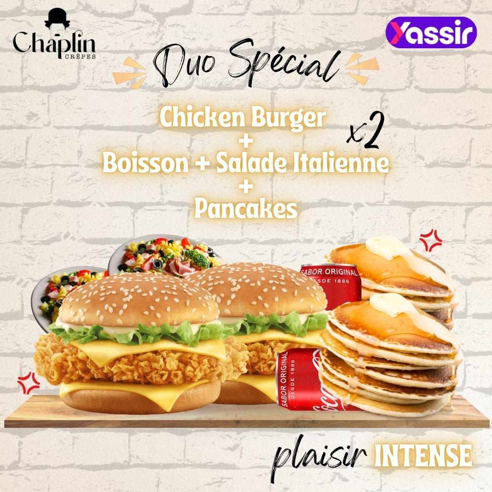 Chicken Burger  + Salade Italienne + Pancakes + Boisson X2