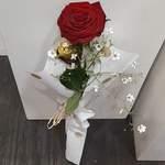 Rose individuelle  rouge,fleurs blanches et chocolat embalage petit pois