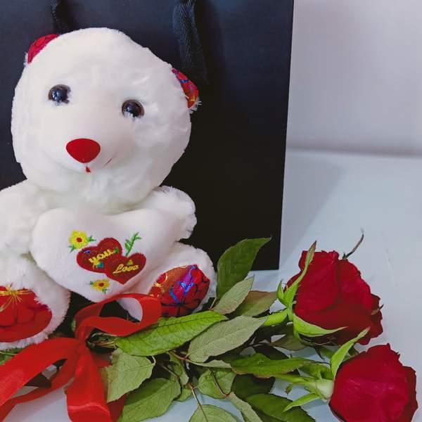 Peluche+3 fleurs naturelles