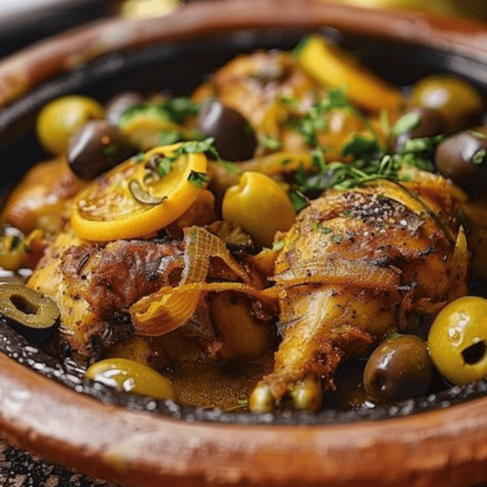 Tagine Poulet au citron confit et olives violettes