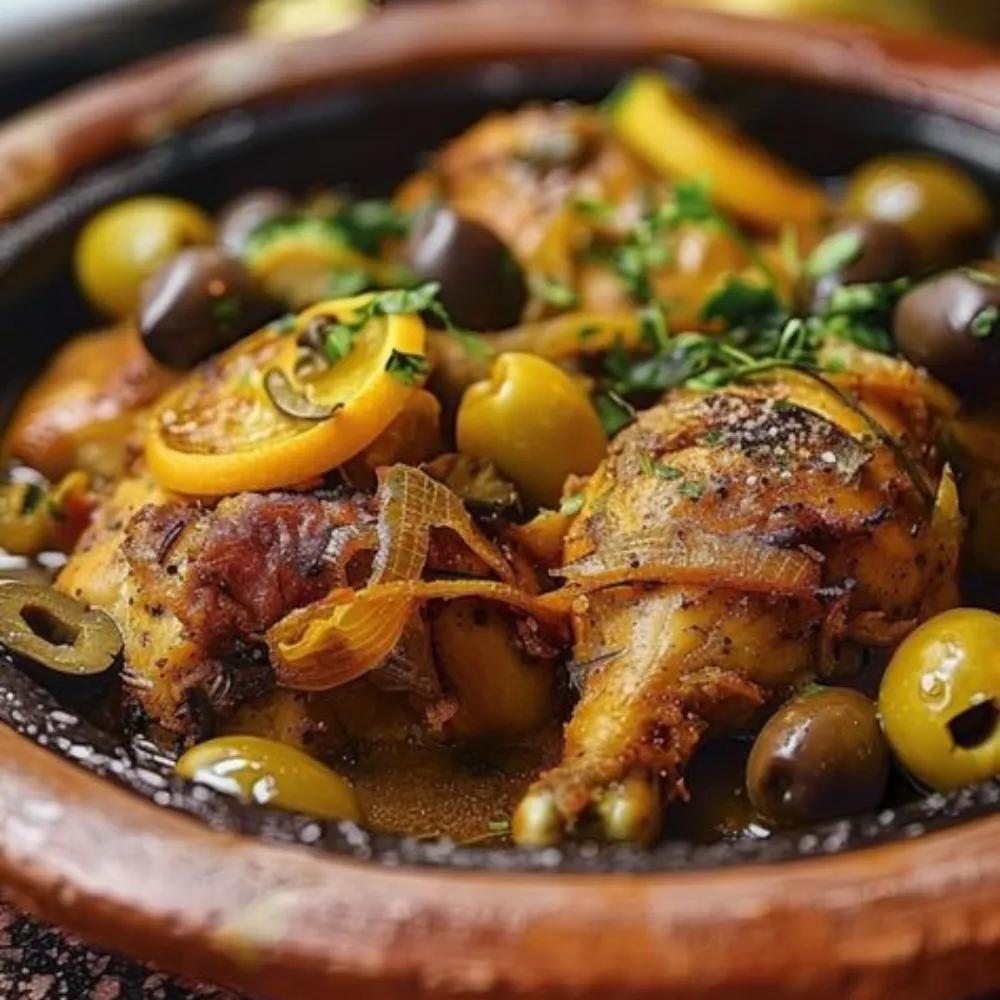 Tagine Poulet au citron confit et olives violettes