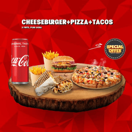 Pizza + Tacos + Cheese Burger + 2 Frites + Soda