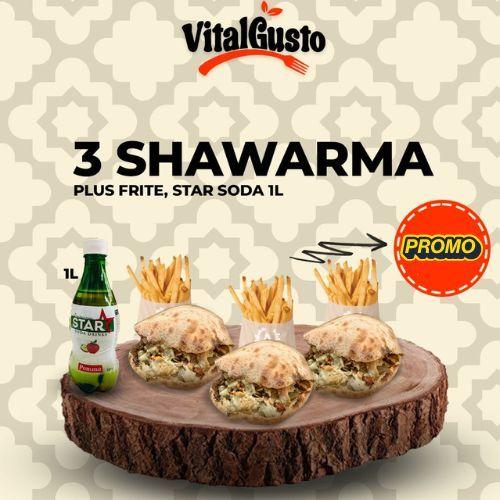 3 Shawarma Poulet + 3 Frites + Boisson 1L