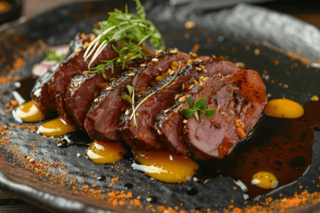 Magret de Canard Rôti, Crème d'Ail à la Marjlolaine (Chutney de Tomate)