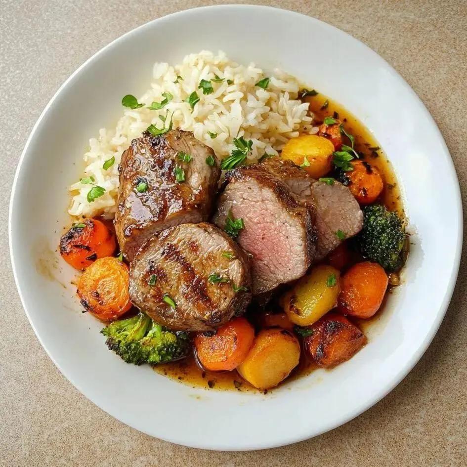 Rôti de veau aux riz et légumes