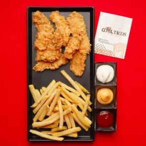 8 crispy chicken tenders & 2 fries & 3 sauces