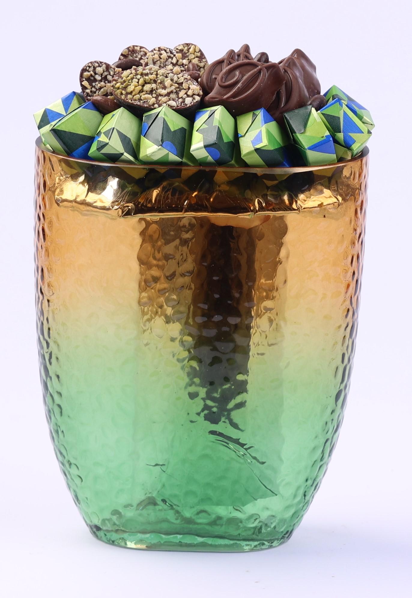 Vase en verre martelé avec dégradé vert & ambré MM -300g