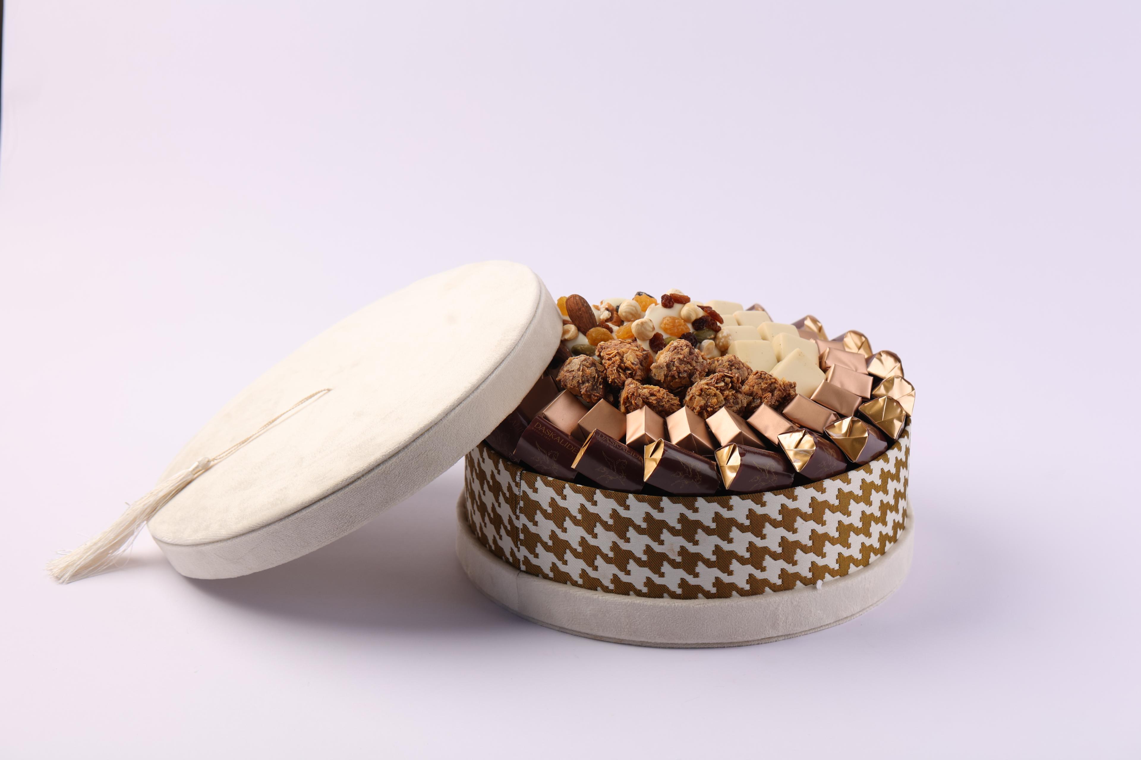 Boite avec couvercle à motif pied-de-poule camel MM -800g