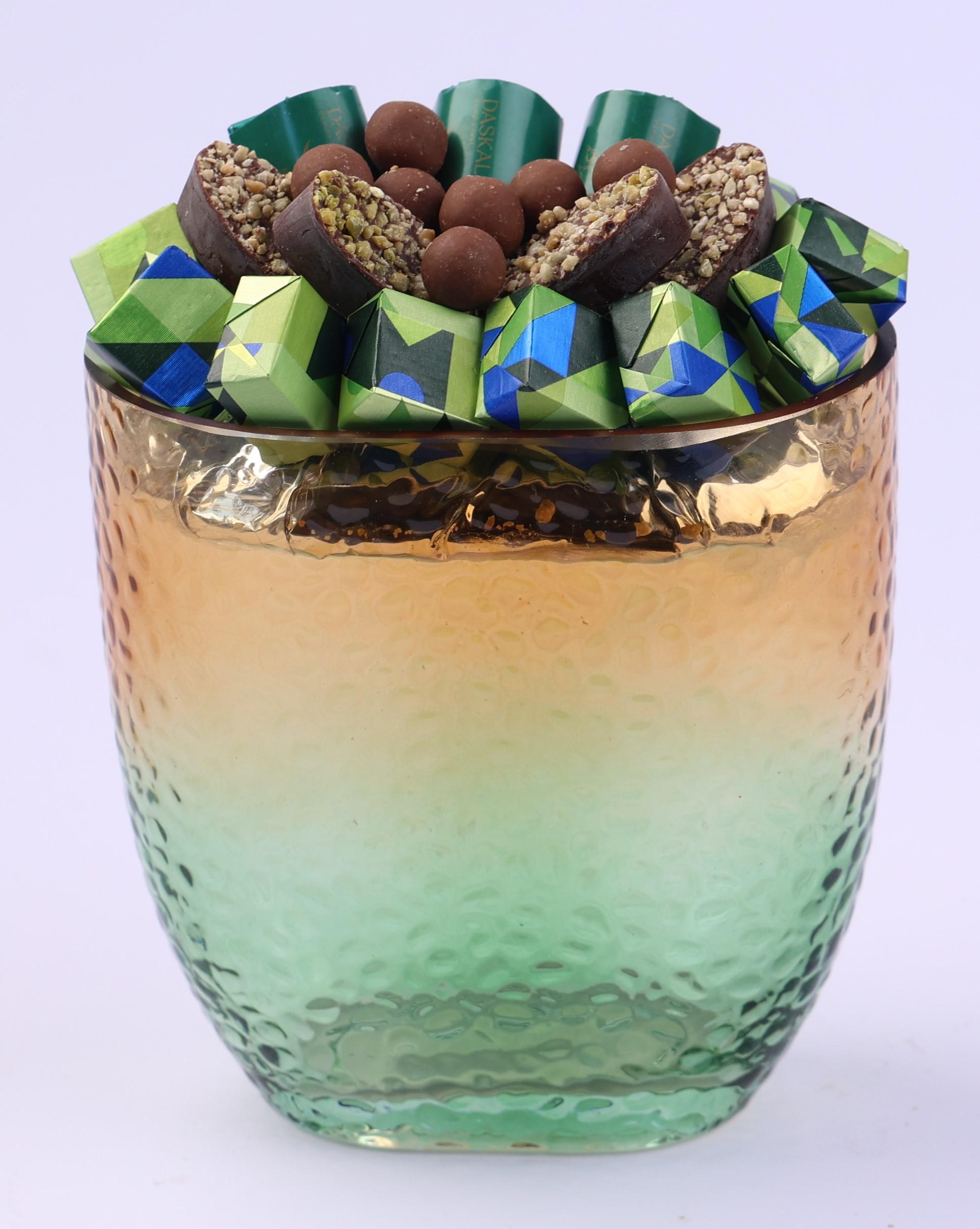 Vase en verre martelé avec dégradé vert & ambré PM -300g