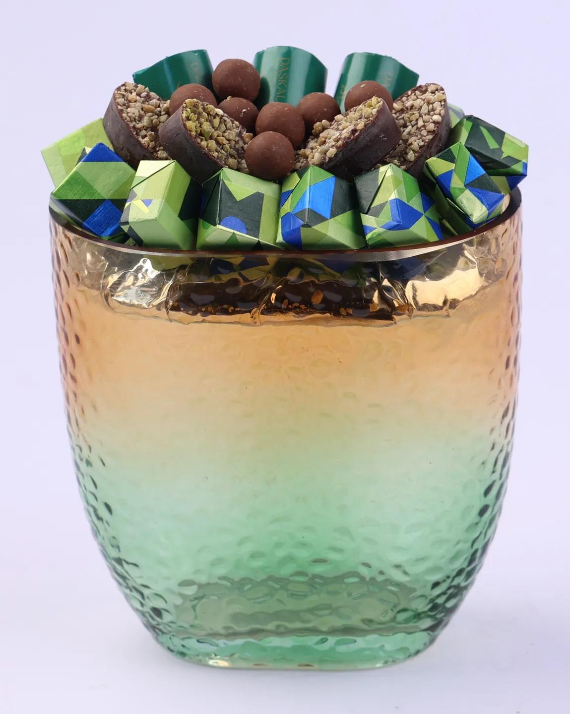 Vase en verre martelé avec dégradé vert & ambré PM -300g