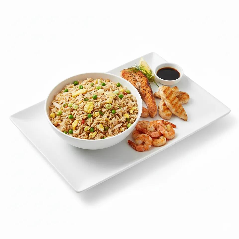 Riz cantonais, Saumon, Crevette, Poulet