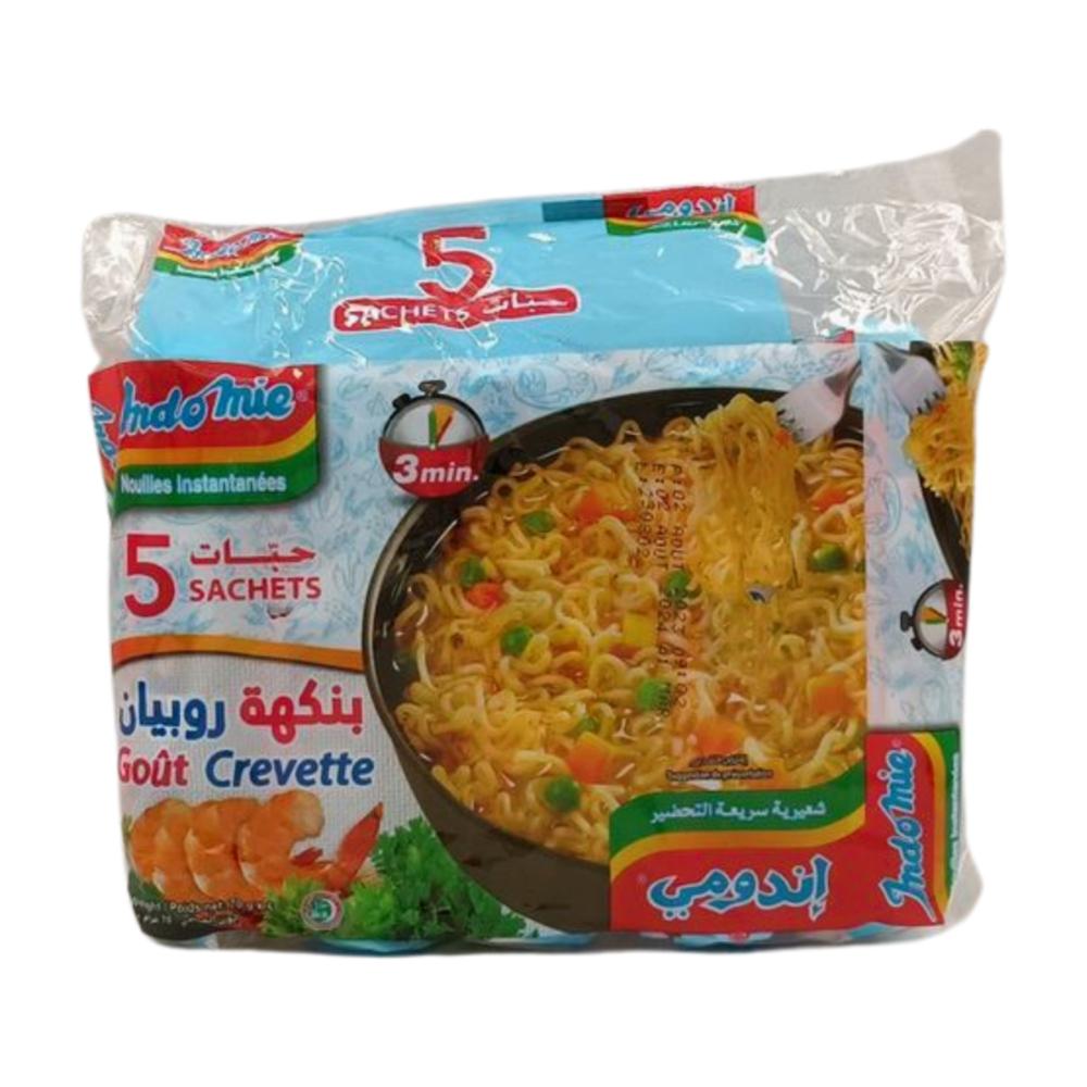 Lot de Nouilles Instantanées Goût Crevettes Indomie 5 unités de 85g.