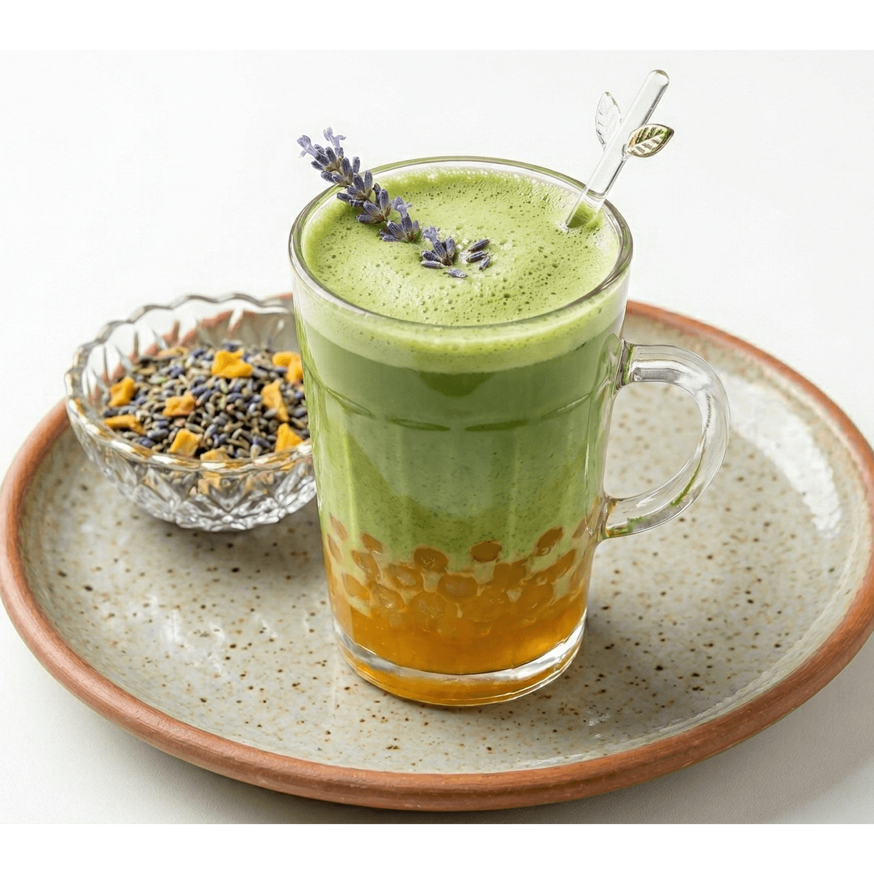 Matcha latte aux perles de mangue