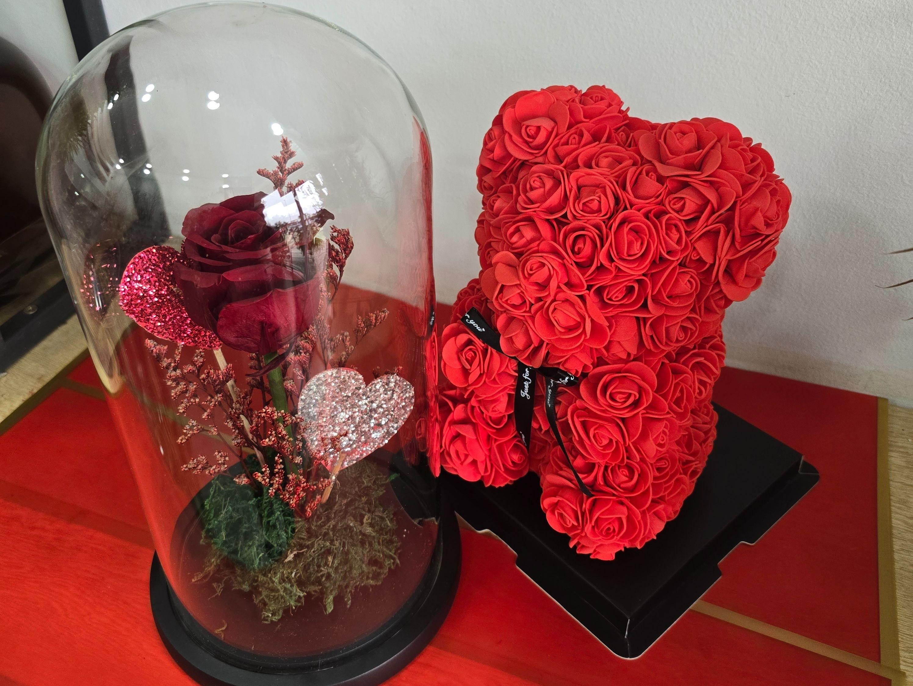 Cloche 30/15 rose rouge +teddy rouge artificielle