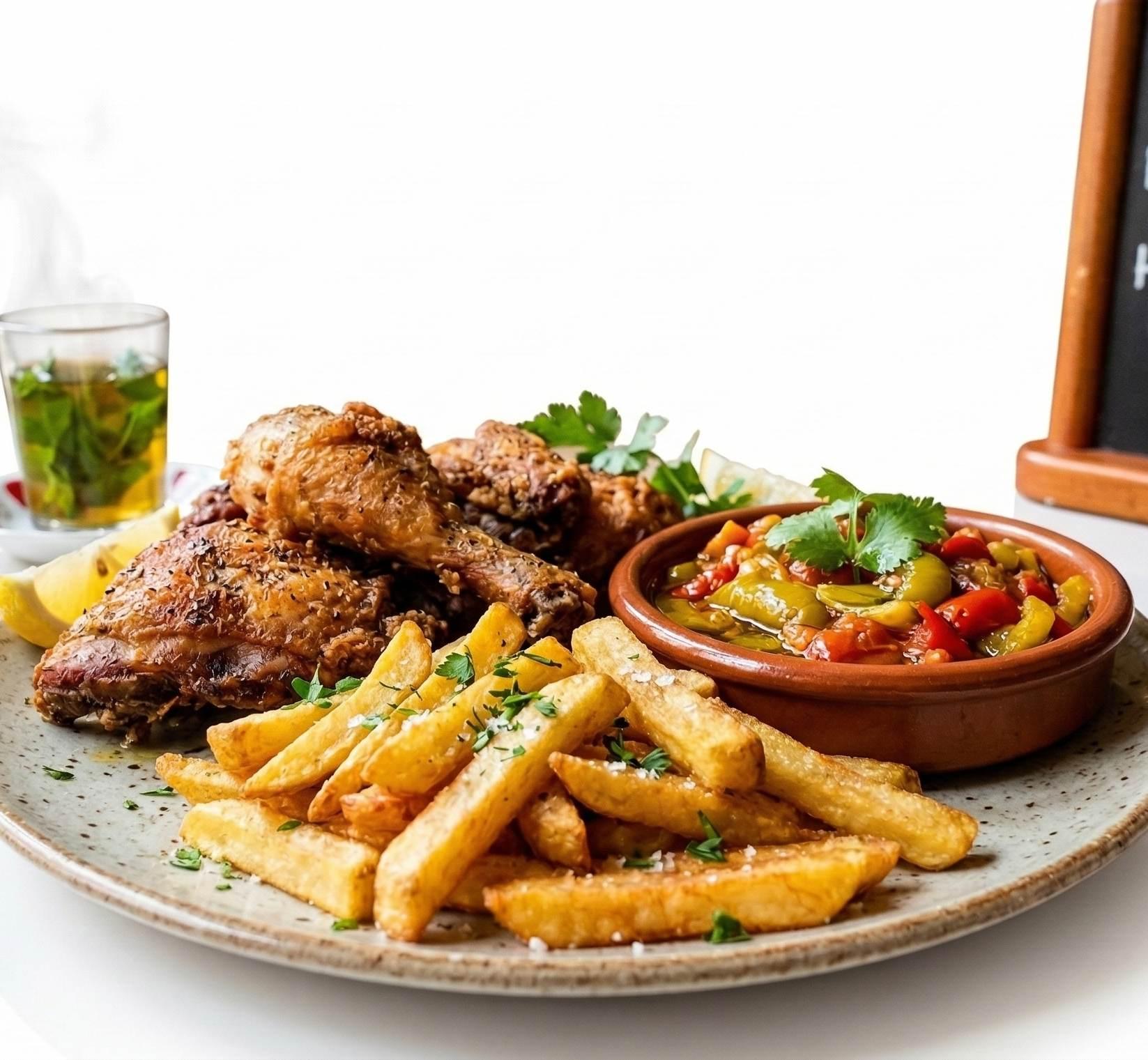 Fries, Chicken, and Hmiss Dish