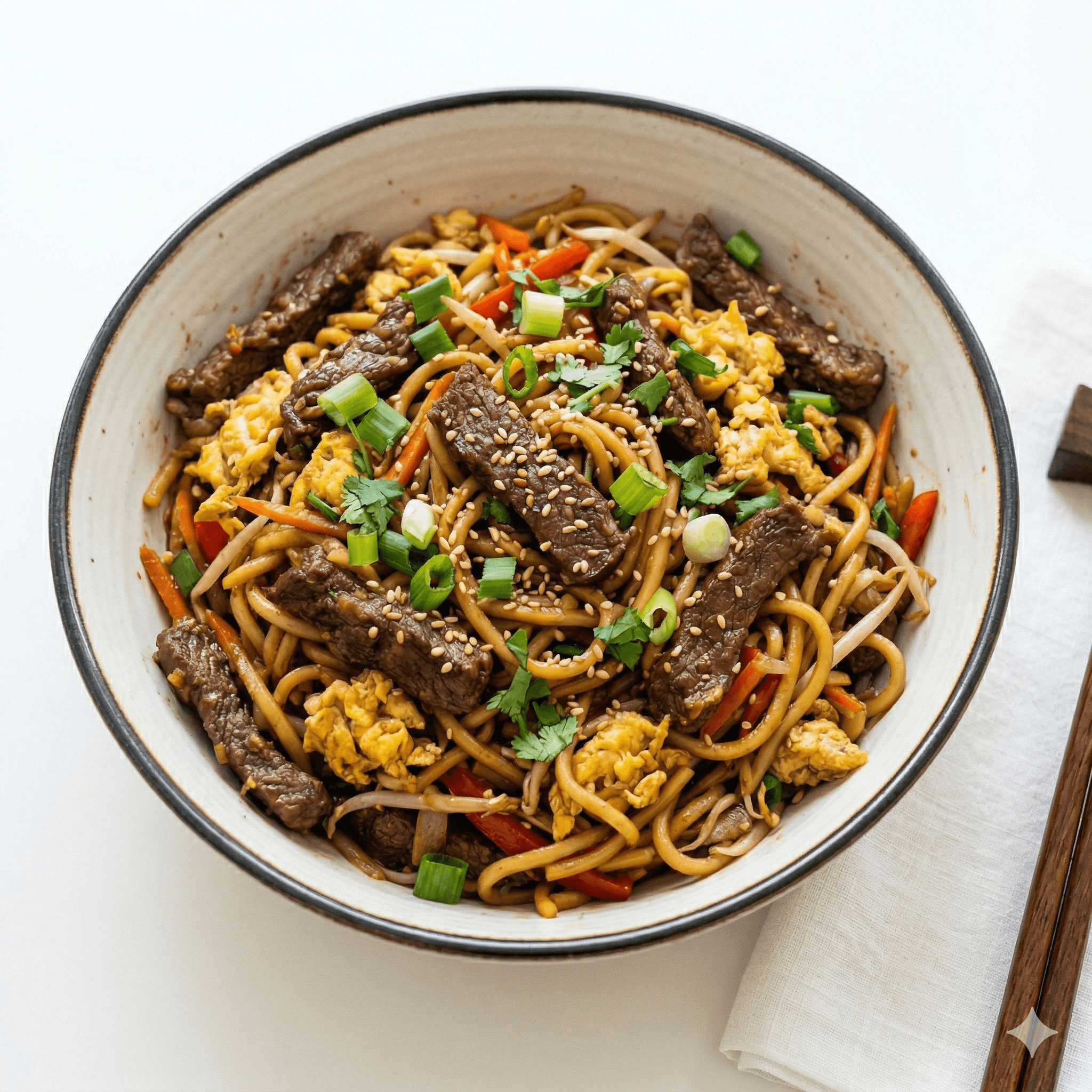 Stir-fried noodles with eggs and beef