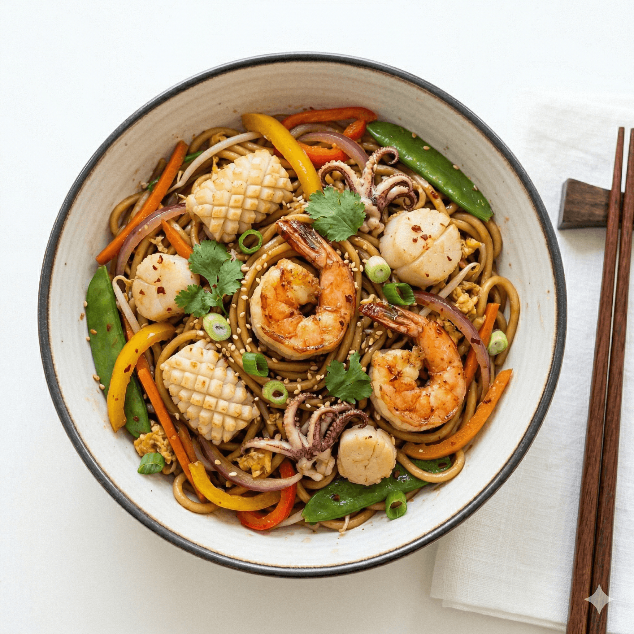 Seafood stir-fried noodles