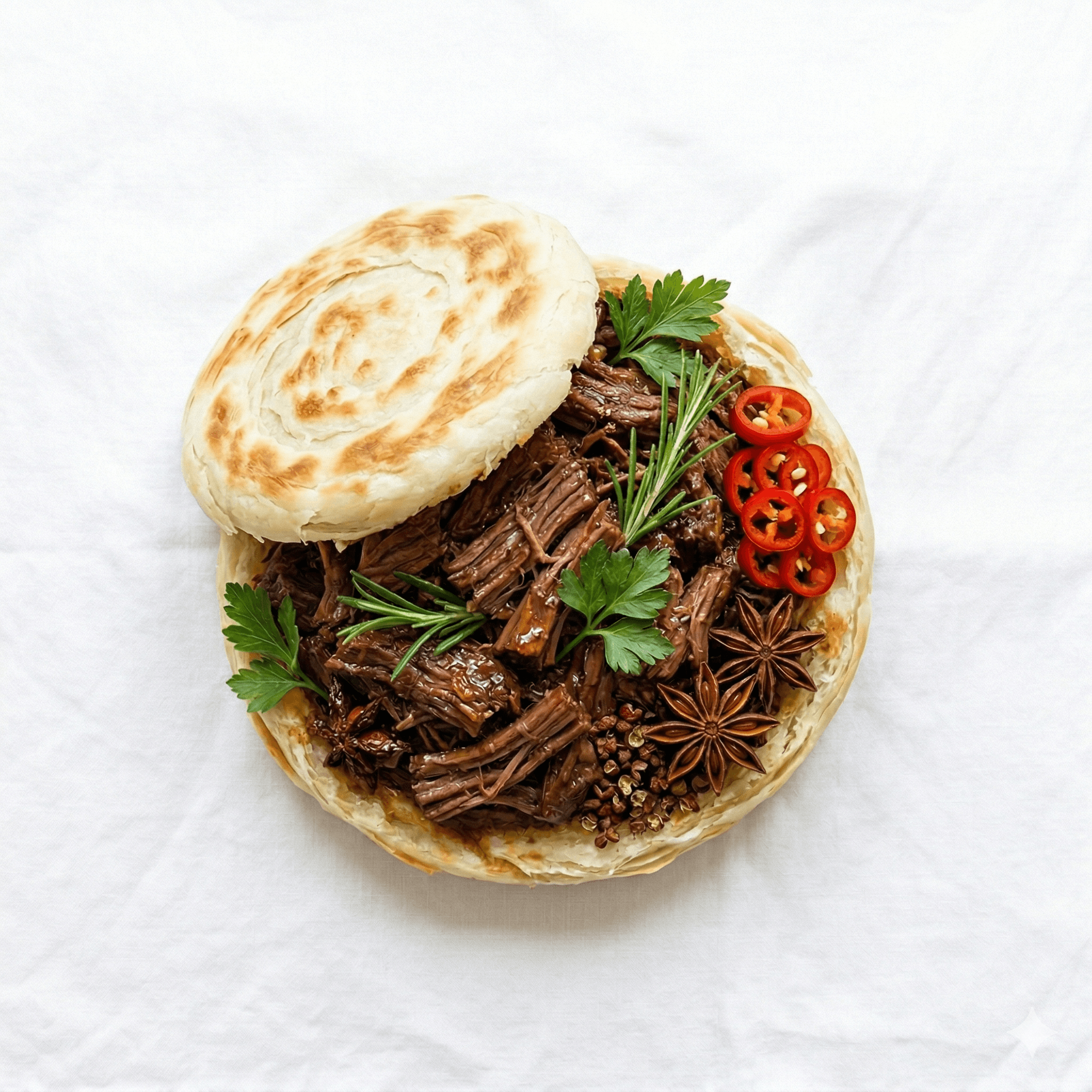 Chinese-style roujiamo with beef garnish