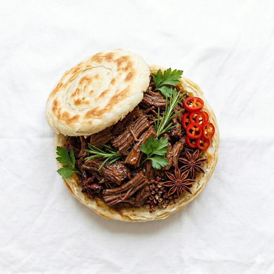 Chinese-style roujiamo with beef garnish