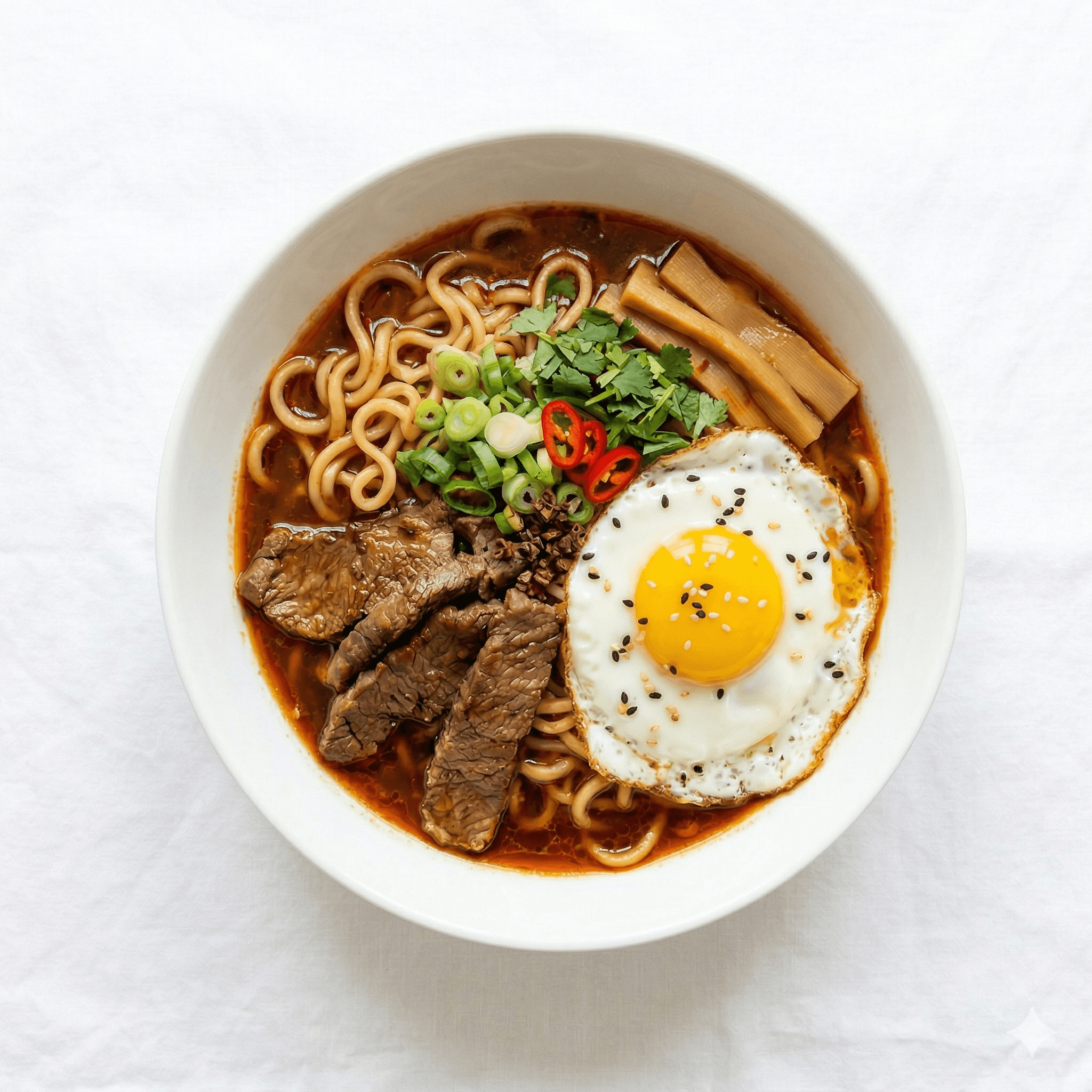 Chinese instant noodles, fried egg with beef