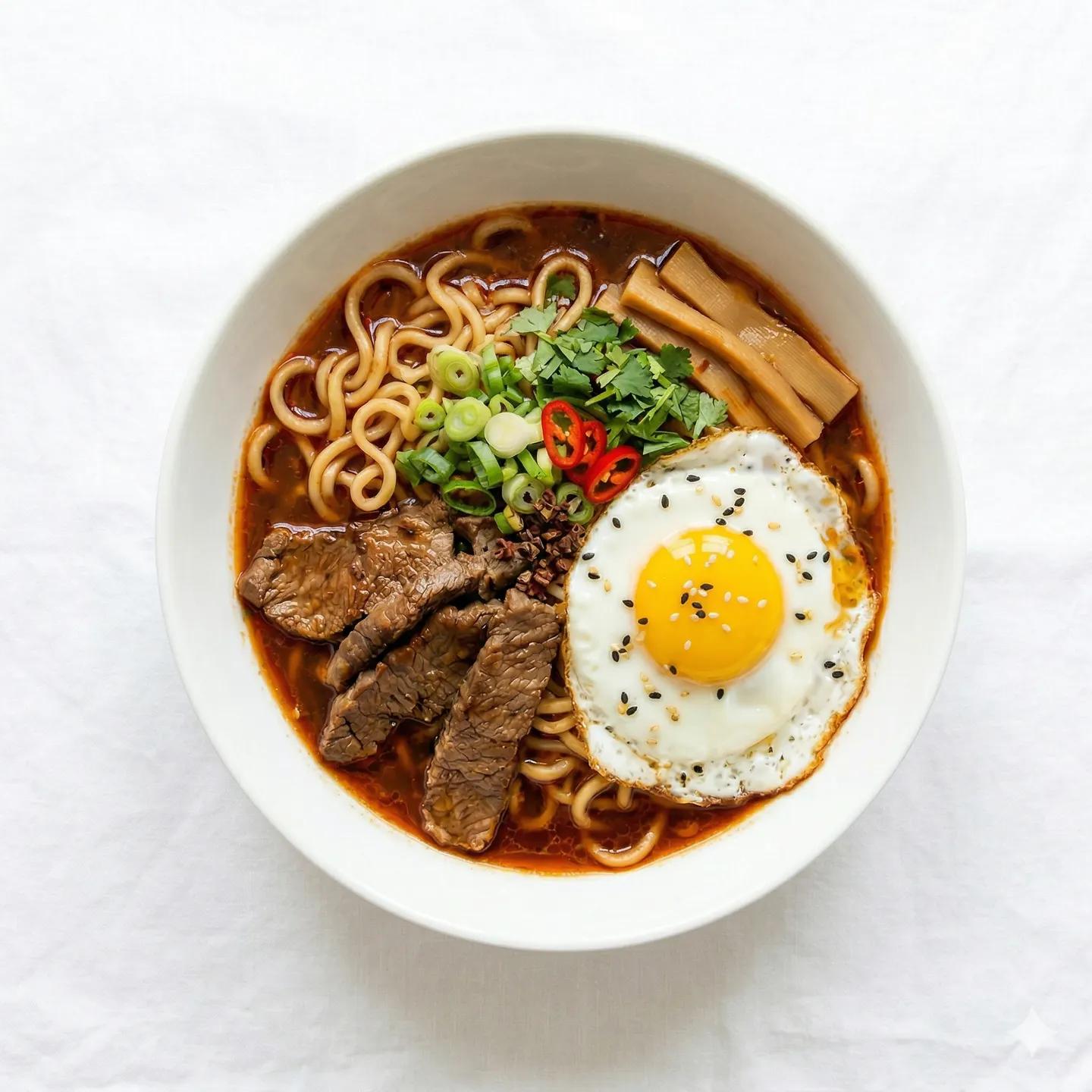 Chinese instant noodles, fried egg with beef