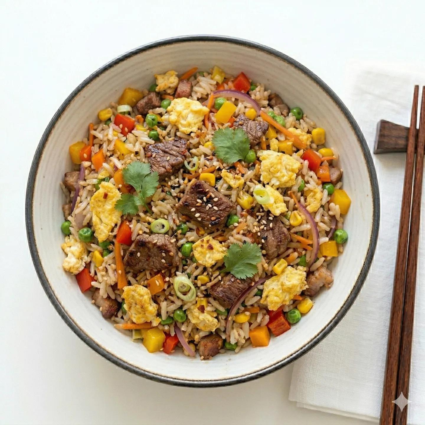 Fried rice with beef and eggs