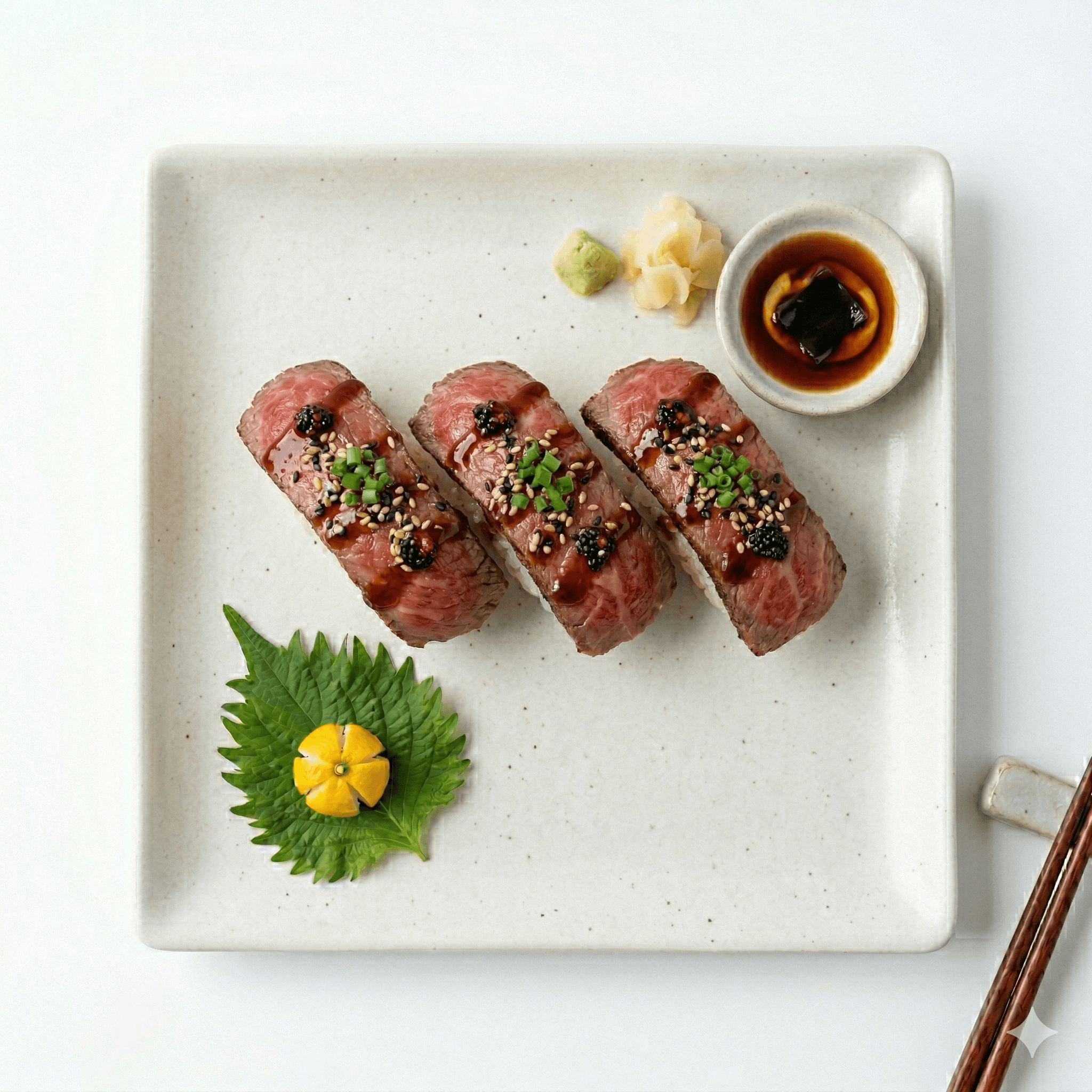 Beef sushi with secret sauce