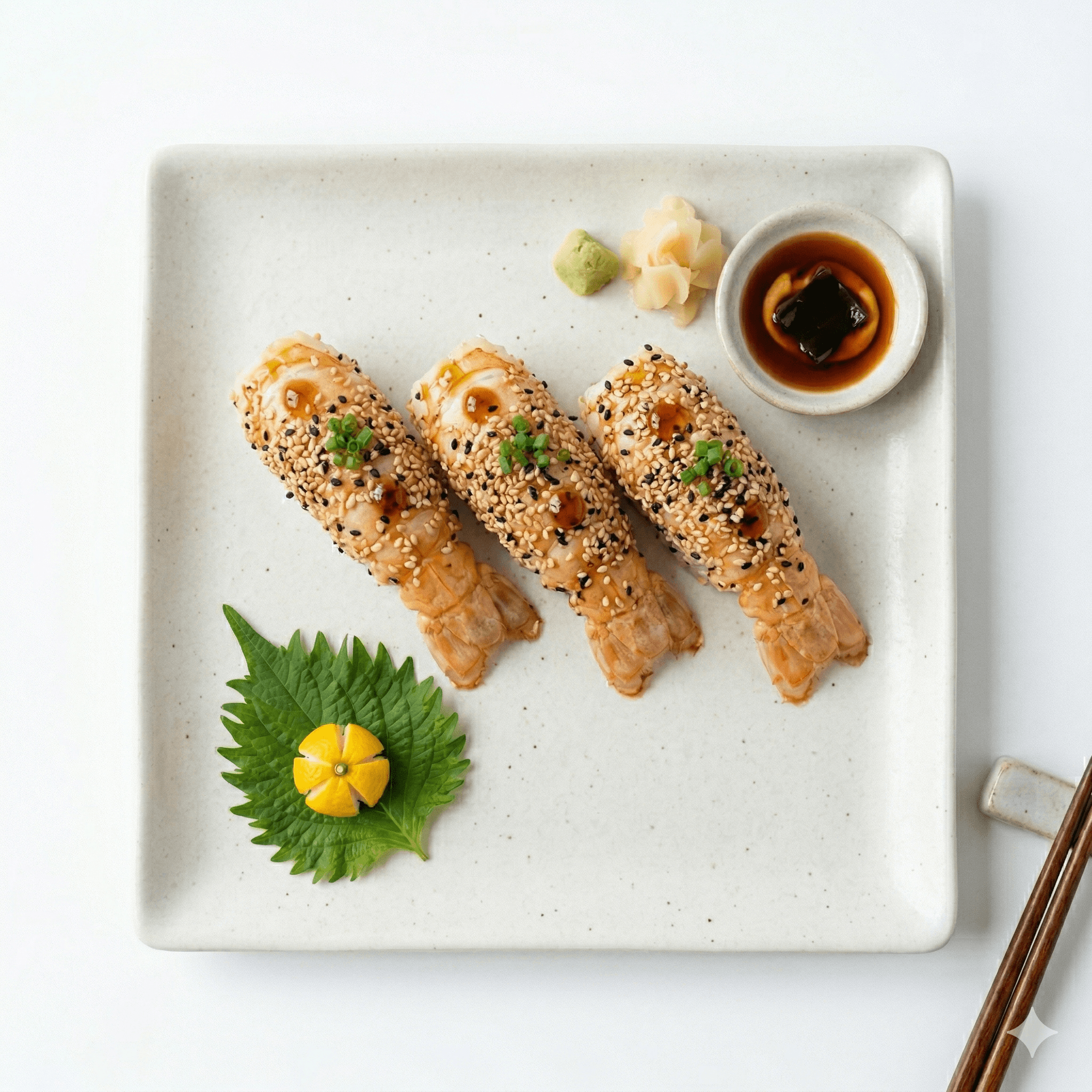 Sesame-wrapped langoustine sushi