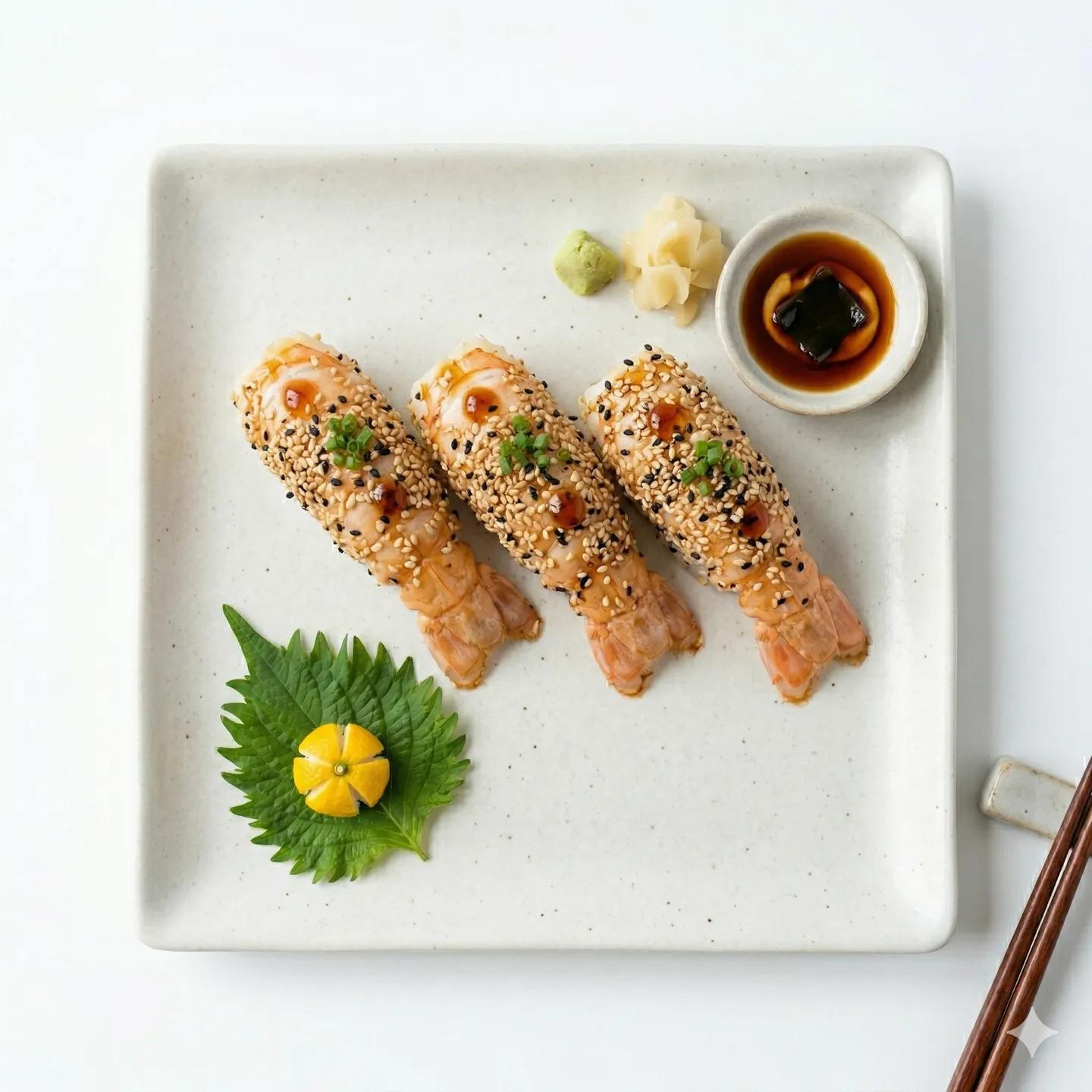 Sesame-wrapped langoustine sushi