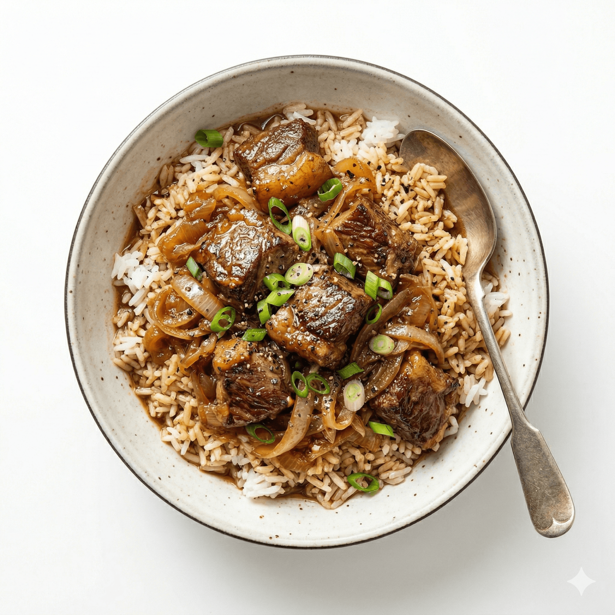 Rice with fatty beef and onion