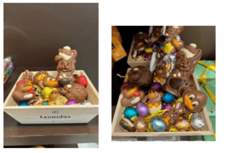 Panier en bois avec un assortiment de sujet de paques et de petits œufs de paques
