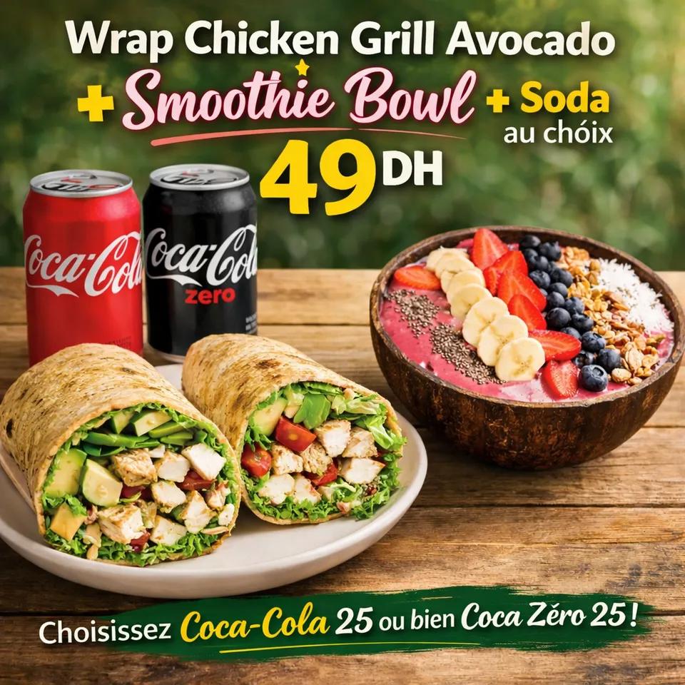 Wrap chicken Grill avocado+ smoothie bowl + soda au choix  coca cola 25 ou bien coca zéro 25